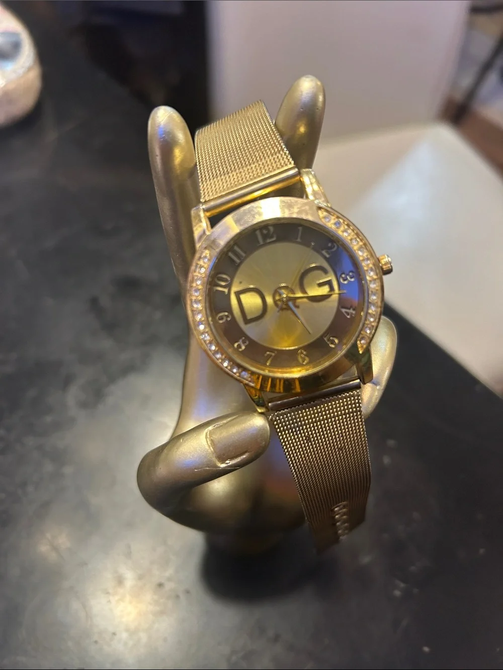 D&G Gold-Tone Mesh Bracelet Watch with Crystal Accents